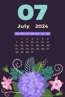 bloemen juli 2024 kalender sjabloon. met helder kleurrijk bloemen en bladeren. vector