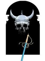 antiek venster t-shirt ontwerp met viking schedel en Renaissance zwaard. mooi zo illustratie voor heraldisch thema's. vector