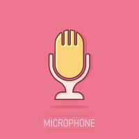 microfoon icoon in grappig stijl. mic uitzending vector tekenfilm illustratie pictogram. microfoon Mike toespraak bedrijf concept plons effect.