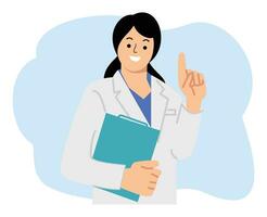 vrouw dokter Holding klembord en tonen richten vinger omhoog vector