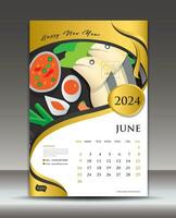 kalender 2024 sjabloon Thais voedsel concept vector, juni sjabloon, bureau kalender 2024 vector ontwerp, muur kalender 2024 jaar, het drukken media, poster, brochure folder vector, goud achtergrond