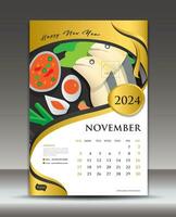 kalender 2024 sjabloon Thais voedsel concept vector, november sjabloon, bureau kalender 2024 vector ontwerp, muur kalender 2024 jaar, het drukken media, poster, brochure folder vector, goud achtergrond