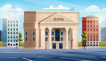 bank gebouw met stad landschap achtergrond vector tekenfilm illustratie
