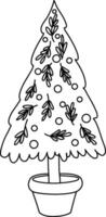 schattig hand- getrokken tekening Kerstmis boom versierd met lichten, kerstballen, en sterren. het Kenmerken cadeaus onder de boom en serveert net zo een feestelijk decoratie voor Kerstmis en nieuw jaar vieringen vector