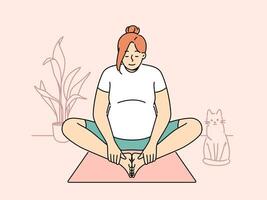 zwanger vrouw maken ochtend- opdrachten zittend Aan geschiktheid matten en krijgen klaar voor meditatief praktijken van yoga. zwanger meisje is Bij huis en strekt zich uit aan het doen yoga voor verwachtend moeders vector