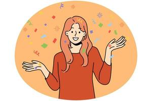 glimlachen jong vrouw met confetti hebben pret vieren. gelukkig meisje genieten partij of viering. vector illustratie.
