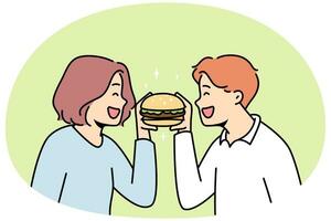 glimlachen paar aan het eten smakelijk Hamburger samen. gelukkig Mens en vrouw genieten heerlijk hamburger. snel voedsel en restaurant ketting. vector illustratie.