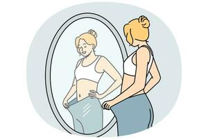 gelukkig jong vrouw kijken in spiegel zien los groot broek verliezen gewicht met sport en eetpatroon. glimlachen tevreden meisje gewichtsverlies reis. vector illustratie.