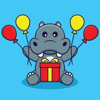 schattig nijlpaard Holding ballonnen en cadeaus vector tekenfilm ilustration