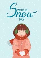 wereld sneeuw dag spandoek. meisje houdt hart van sneeuw. meisje in winter kleren, roze naar beneden jasje en sjaal. sneeuw belettering. winter visie achtergrond. hand- getrokken vector vlak illustratie.