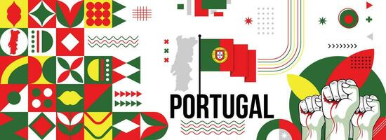 Portugal nationaal of onafhankelijkheid dag banier voor land viering. vlag en kaart van Portugal met verheven vuisten. modern retro ontwerp met typorgaphy abstract meetkundig pictogrammen. vector illustratie