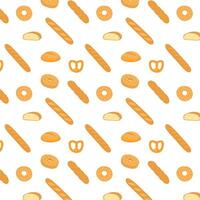 elegant naadloos patroon met verschillend types van brood en heerlijk gebakken producten Aan wit achtergrond. backdrop met eigengemaakt gebakje. stokbrood, donut, bagel. vector illustratie voor textiel afdrukken.