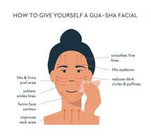 infographic van gua sha schraper gelaats yoga. massage richting voor jade rol. een vrouw masseren met roos kwarts steen. acupunctuur anti-veroudering traditioneel Chinese geneeskunde zelf zorg methode. vector. vector