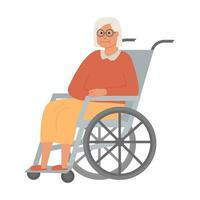 modern ouderen gehandicapt vrouw in rolstoel. oud dame grootmoeder karakter Aan wit achtergrond. verpleging huis. senior vrouw bijgestaan leven Bij ziekenhuis. vector illustratie.