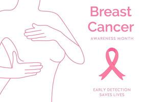 banier met roze schets stijl vrouw. vrouw silhouet bekleed kunst. zelf controleren voor borst kanker. bewustzijn maand met roze tekenfilm lintje. borst kanker campagne vector illustratie met typografie.c