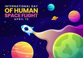 Internationale dag van menselijk ruimte vlucht vector illustratie Aan 12 april met astronaut staand Aan de maan, zender satellieten en planeten