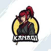 mascotte logo van een vrouw met rood haar- in een paardenstaart vervelend zwart kleren en Holding een katana vector