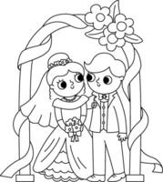 vector zwart en wit illustratie met bruid en bruidegom. schattig alleen maar getrouwd paar. bruiloft ceremonie lijn icoon. tekenfilm huwelijk kleur bladzijde met man en vrouw staand onder de boog