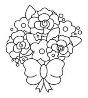 vector zwart en wit lente, zomer of bruiloft boeket. mooi lijn illustratie met roos bloemen gebonden met boog. bloemen decoratief element of kleur bladzijde
