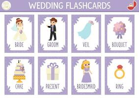 vector bruiloft kaarten set. Engels taal spel met bruid en bruidegom voor kinderen. huwelijk ceremonie flashcards met bruidsmeisje, ring, taart. gemakkelijk leerzaam afdrukbare werkblad.