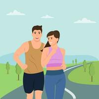 aantrekkelijk paar rennen. geschiktheid en gezond levensstijl concept.happy Mens en vrouw rennen buitenshuis samen. sport werkzaamheid, gezond levensstijl. vlak vector tekenfilm illustratie