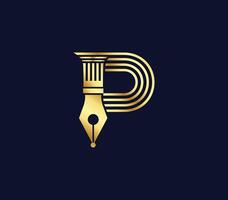 p brief advocaat logo met creatief ontwerp goud kleur vector