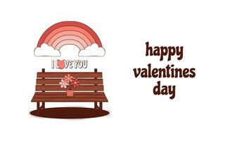 retro lief tekenfilm hart kaart. schattig groovy modieus concept met opschrift gelukkig valentijnsdag dag. modieus retro Jaren 60 jaren 70 stijl. rood, roze kleuren. vector