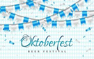 oktober fest viering partij spandoek. blauw en wit folie confetti en vlag guirlande. vector illustratie