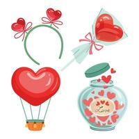 valentijnsdag dag elementen clip art. hoofdband met harten, lucht ballon, pot met harten, en hartvormig lolly. reeks van tekenfilm vector illustraties voor groet kaart, banier, sticker, en uitnodiging.