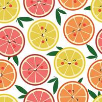 vector naadloos patroon met glimlachen citrus plakjes en groen bladeren in tekenfilm stijl