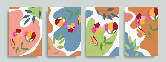 reeks van modern abstract covers met bloemen. helder bloemen achtergrond. vector