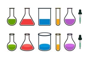 2d en 3d kleurrijke laboratoriumflessen en druppelaar vector