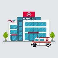 ziekenhuisgebouw met ambulancewagen en helikopter vector