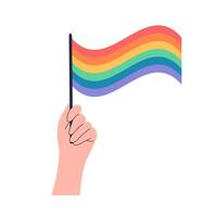 hand- Holding regenboog vlag. schattig tekenfilm symbool van lgbt trots maand. vector illustratie geïsoleerd Aan wit achtergrond.