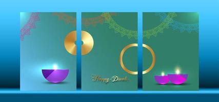 gelukkige diwali festival van lichten india viering set kleurrijke sjabloon. verticaal bannerontwerp van Indiase diya-olielampen, modern design in levendige kleuren. vector Indiase kunststijl, verloop achtergrond