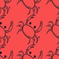 naadloos vectorpatroon met krabben. doodle vector met krab pictogrammen op rode achtergrond. vintage krabpatroon