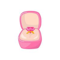 verloving ring met roze diamant in sieraden doos. liefde bekentenis en voorstel geschenk voor Valentijnsdag dag. vector illustratie Aan wit achtergrond. gedetailleerd tekenfilm element