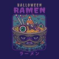 illustratie ontwerp van heerlijke Japanse ramen noodle op kom met halloween mummie vintage vlakke stijl. goed voor logo, achtergrond, t-shirt, banner vector