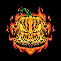 illustratieontwerp van halloween-pompoenkarakter met neonbrandvlam op zwarte achtergrond. goed voor logo, achtergrond, t-shirt, banner vector