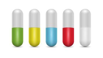 pillen geneeskunde capsule vector realistische 3D-stijl, verschillende kleuren set geïsoleerd op een witte achtergrond