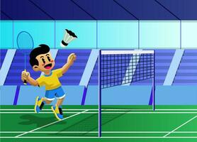 tekenfilm jongen spelen badminton binnen- rechtbank vector