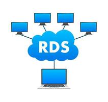 laptop met een wolk met rds Aan het. afgelegen bureaublad Diensten. vector voorraad illustratie