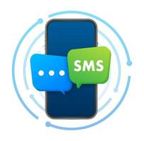blauw en groen toespraak bubbels met de woord sms Aan hen. mobiel mail marketing, e-commerce, internet reclame en Promotie vector