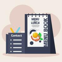 vector illustratie menu boek met papier menu lunch met pen doos