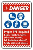 gevarenbord juiste pbm vereist laarzen, veiligheidshelmen, handschoenen wanneer taak valbeveiliging vereist met pbm-symbolen vector