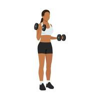 vrouw aan het doen voor de helft statisch halter biceps krullen oefening. vector