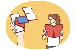 verrast vrouw met leerboek ziet reusachtig hand- met telefoon met boeken in scherm. vector beeld