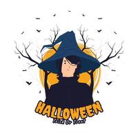 eng heksenmeisje met zwarte mantel en boze uitdrukking op halloween-conceptenillustratie vector