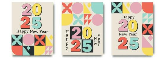 meetkundig stijl Aan 2025 gelukkig nieuw jaar posters set. minimalistisch modieus brutalist achtergronden. vector illustratie