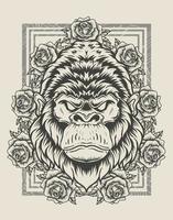 illustratie vintage gorilla hoofd met roze bloem vector